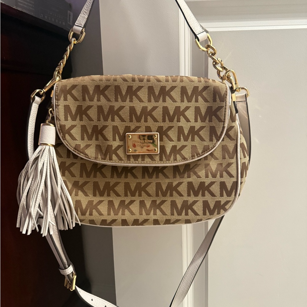 Michael Kors Tan and White Crossbody Bag